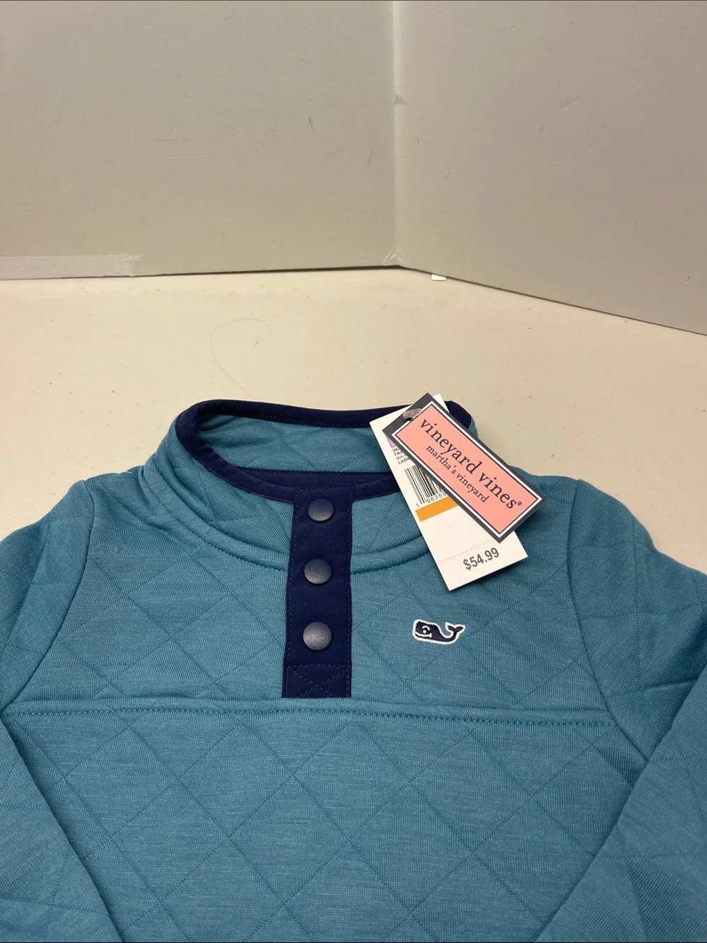 Vineyard Vines Toddler Quilted Long-Sleeve Pullover - Teal with Navy Trim